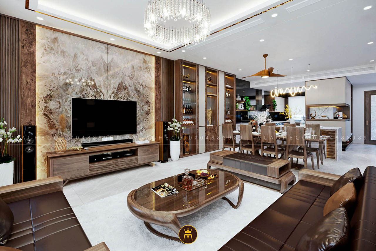 Thiết kế nội thất phòng khách nhà phố gỗ óc chó tại Mansion Unit Park City Hà Nội