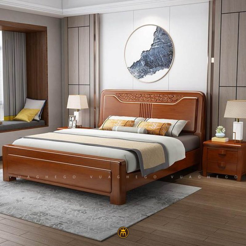 Giường ngủ gỗ sồi cổ điền có họa tiết hoa văn