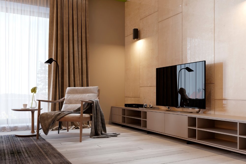 Kích thước kệ tivi phòng ngủ khi đặt tivi lên kệ sẽ cao hơn so với kệ tivi phòng khách 