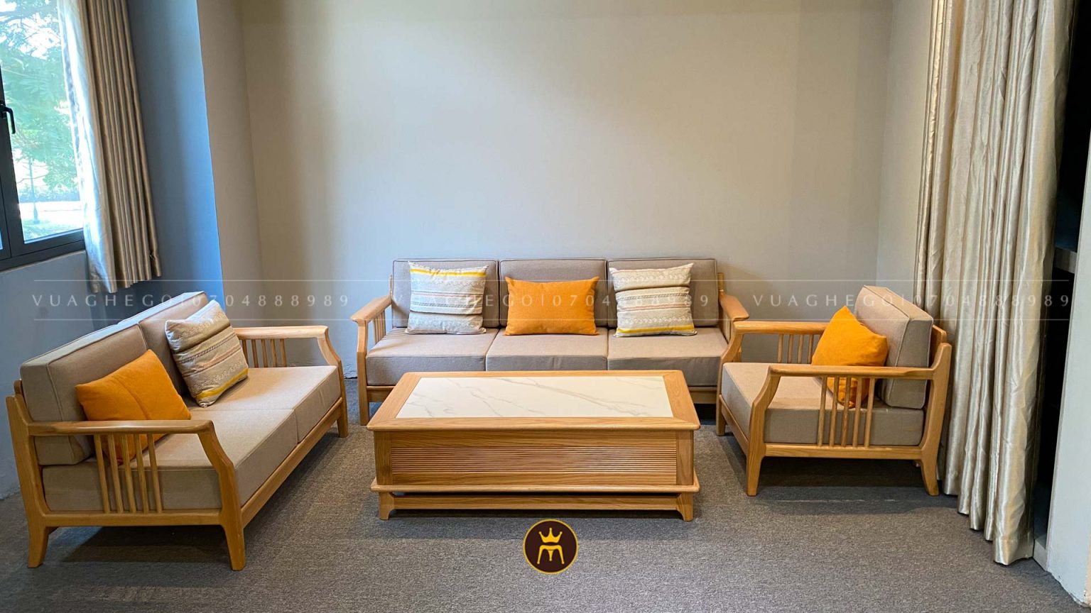 Sofa từ gỗ sồi Nga đệm nỉ màu sồi tự nhiên