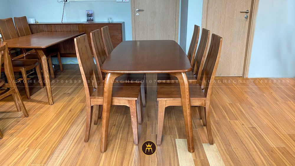 Bộ bàn ăn gỗ sồi 6 ghế Nikko mặt gỗ đi kèm ghế H3S mặt gỗ