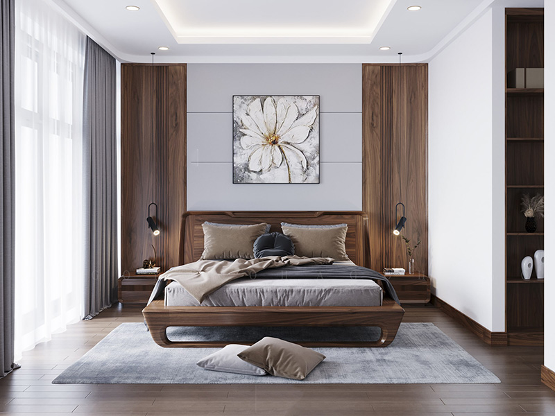 Decor phòng ngủ giường gỗ phong cách sang trọng