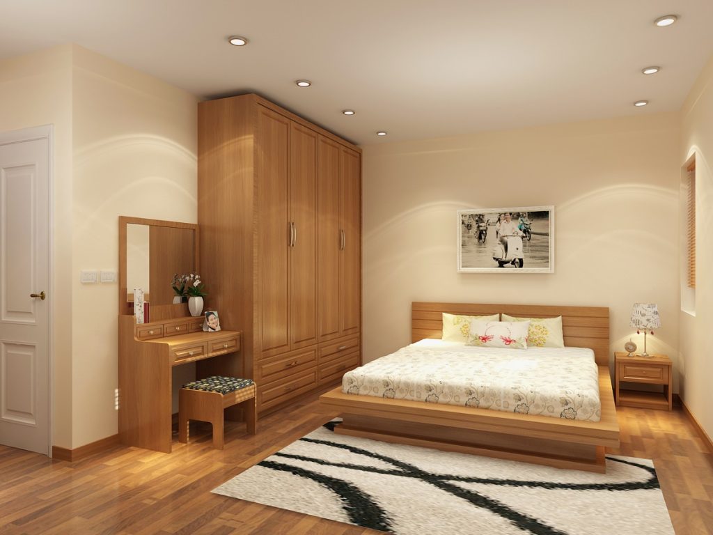 Decor phòng ngủ giường gỗ phong cách tối giản