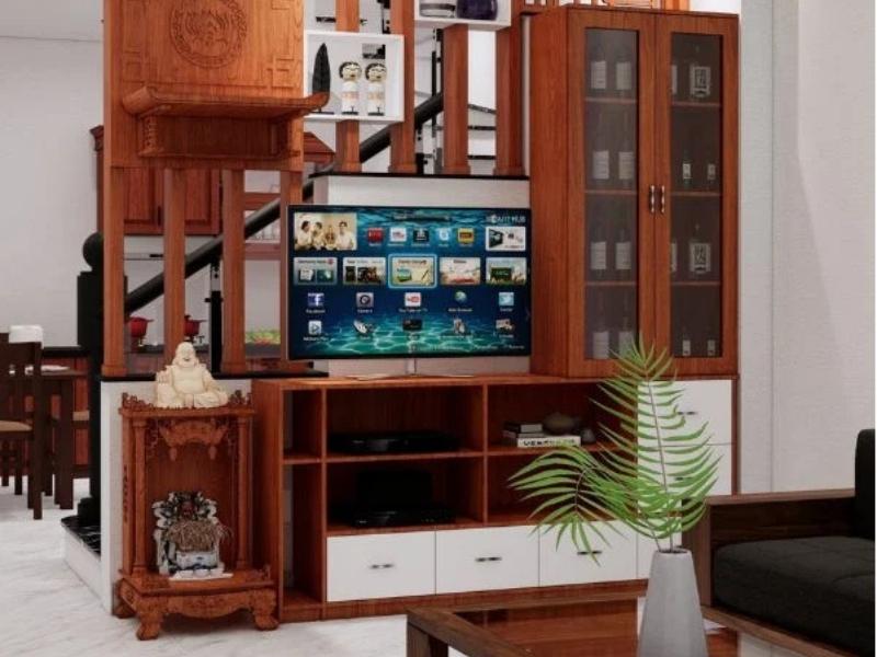 Mẫu bàn thờ kết hợp kệ tivi đứng có vách ngăn