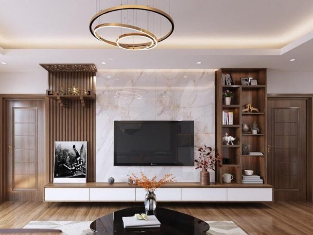 Mẫu bàn thờ treo kèm kệ tivi nhỏ gọn